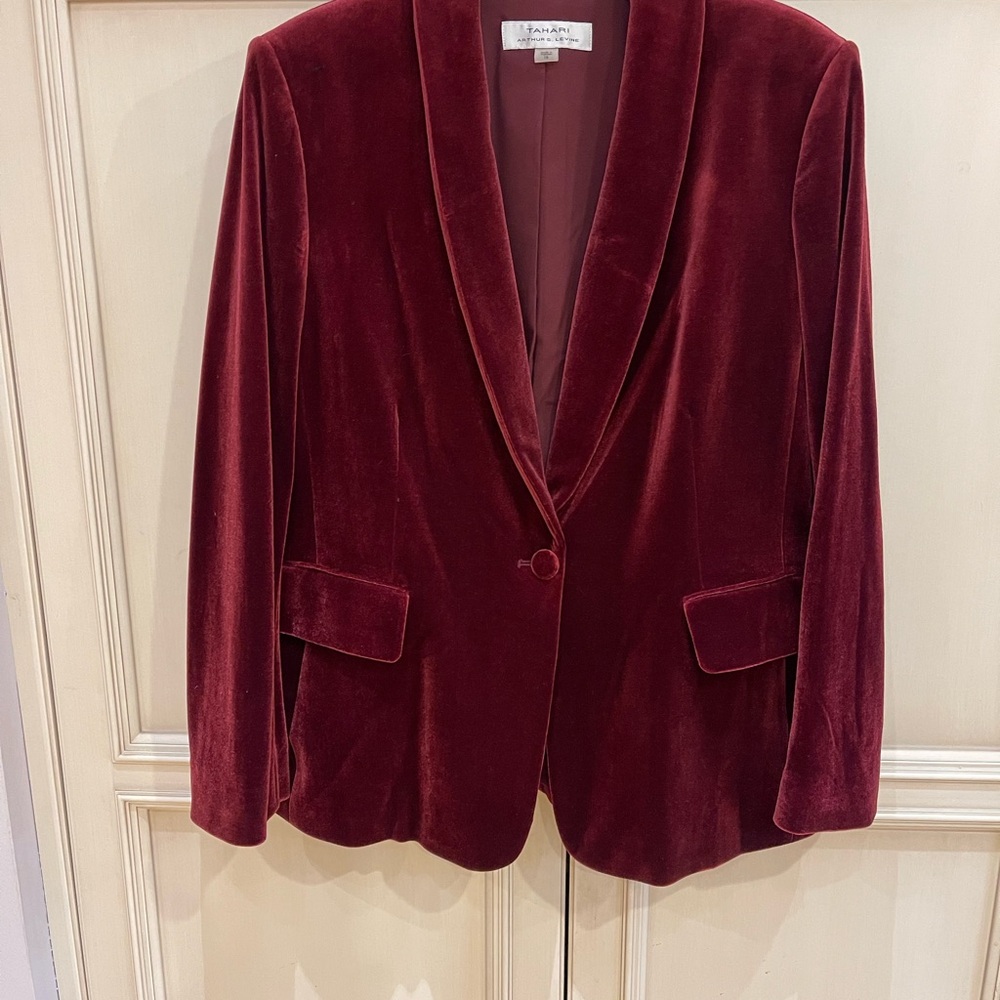 Burgundy velvet blazer by Tahari
